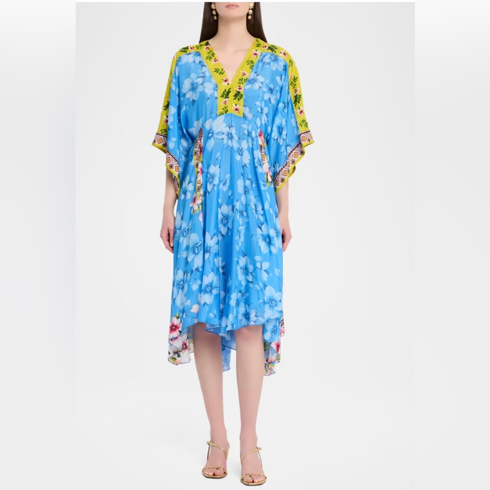 Johnny Was FlorBlue Asymmetrical Silk Dress w/ Yellow Embroidered Trim. L, NWT.